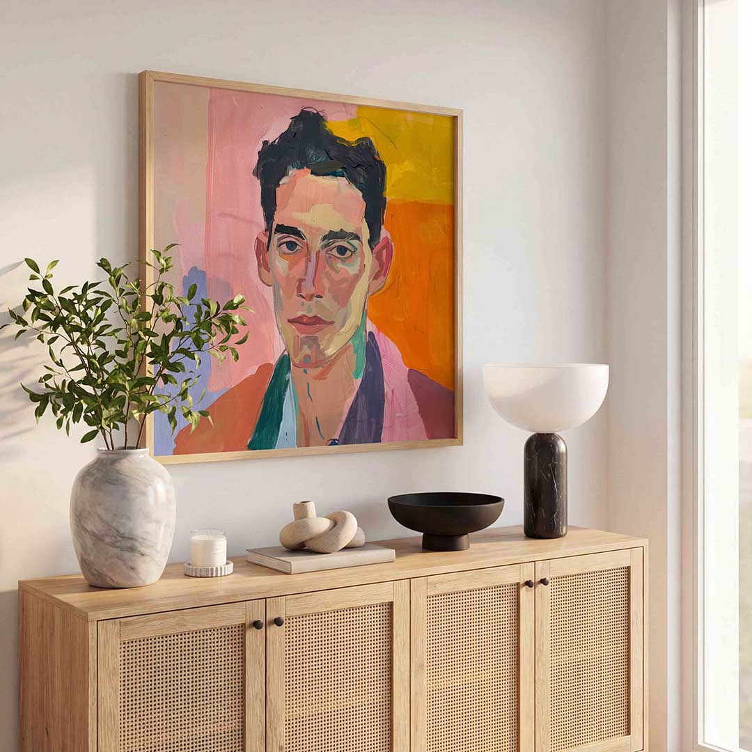Portret met kleurrijke achtergrond – kunst en design poster in vierkant formaat