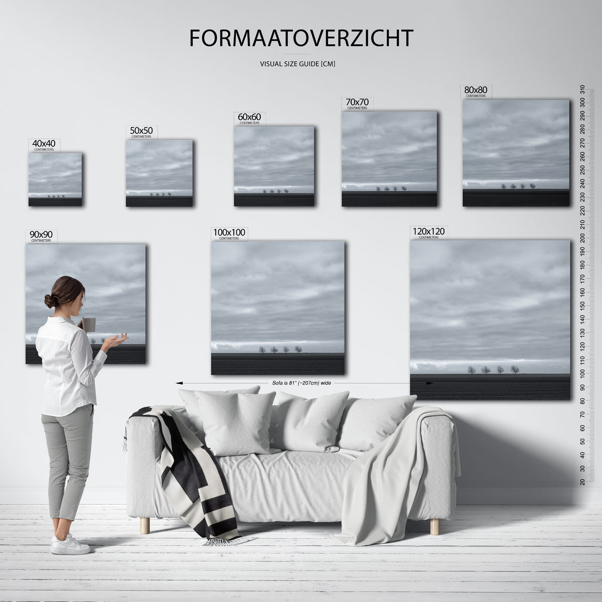 Bomenrij kunstwerk – materiaalweergave – deze kunstwerk toont een horizon met een rij kale bomen onder een bewolkte lucht. De