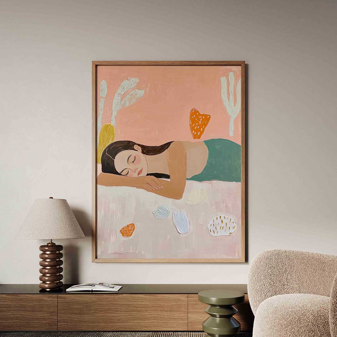 Slapende vrouw met abstracte vormen – tropische jungle poster in staand formaat