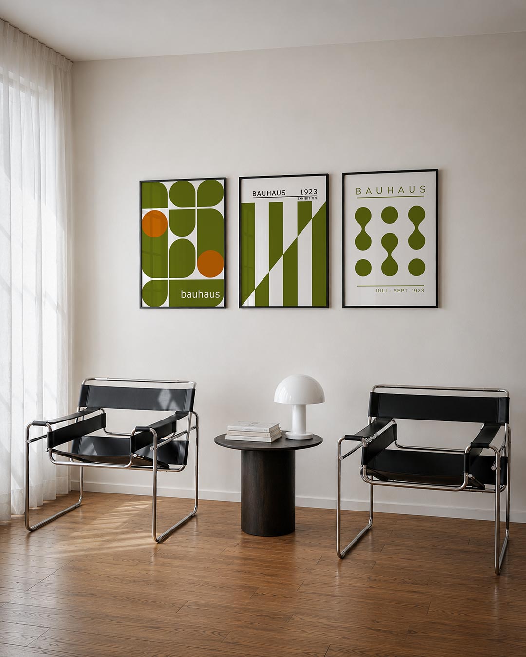 Vormen en vlakken driedelige posterset – deze posterset in drie delen toont een speelse combinatie van olijfgroene en oranje