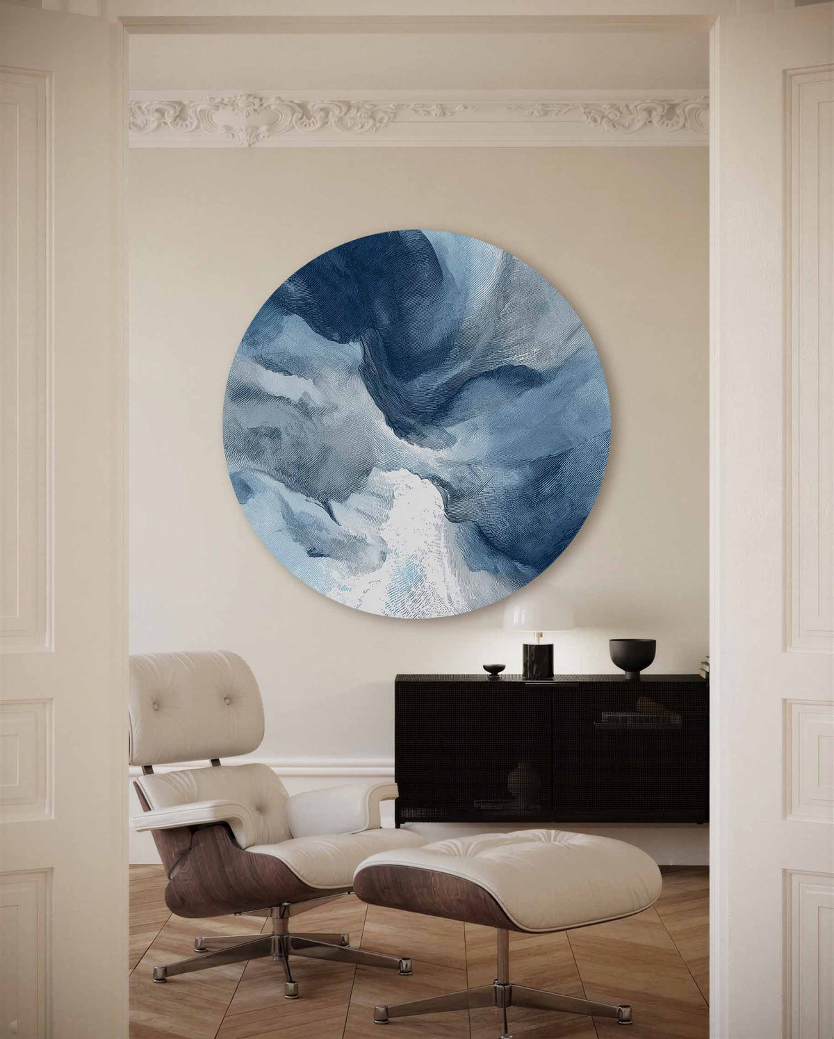 Abstracte blauwe vormen – portret muurcirkel als ronde muurdecoratie
