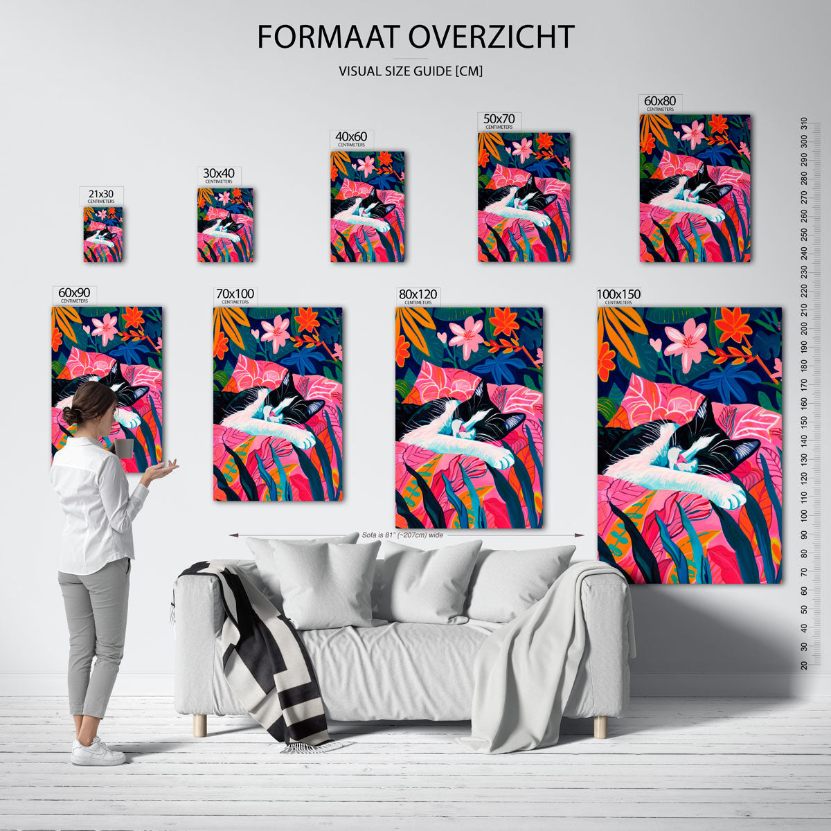 Kat tussen kleurrijke bladeren – staande muurposter met kleurrijke illustratie
