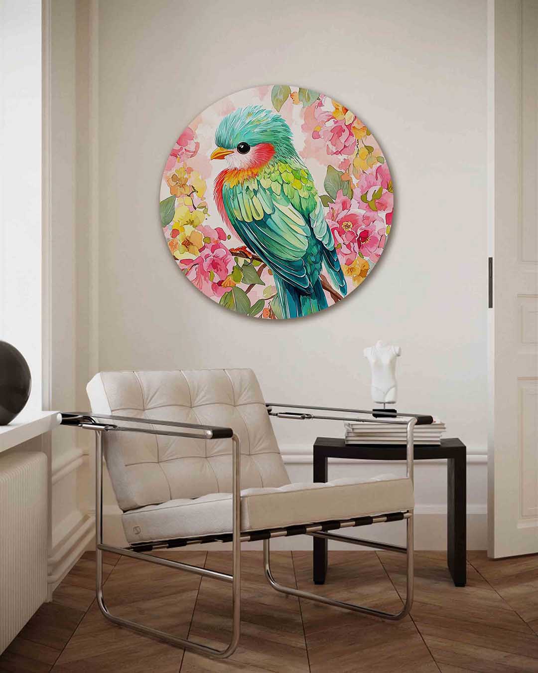 Vogel en bloemen – kleurrijke illustratie muurcirkel als wanddecoratie
