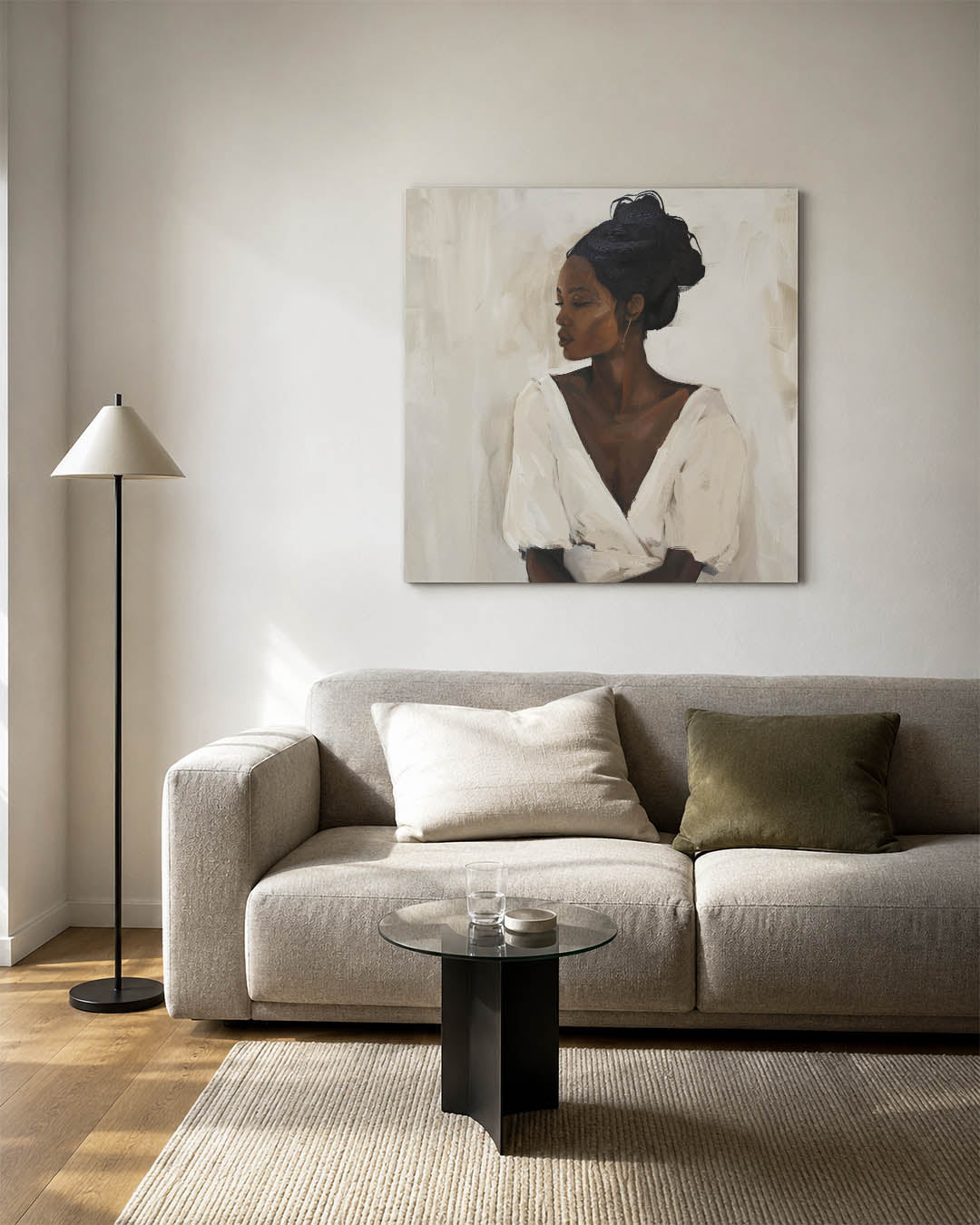 Dromerige vrouw kunstwerk – vierkante wanddecoratie – dit werk toont een vrouw met gesloten ogen. De zachte penseelstreken en