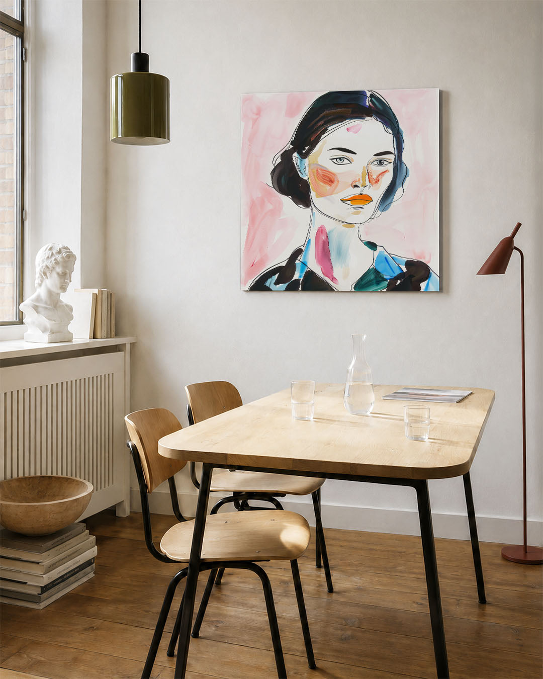 Portretstudie kunstwerk – vierkante wanddecoratie – dit werk toont een portret met vloeiende lijnen en levendige kleuren. De