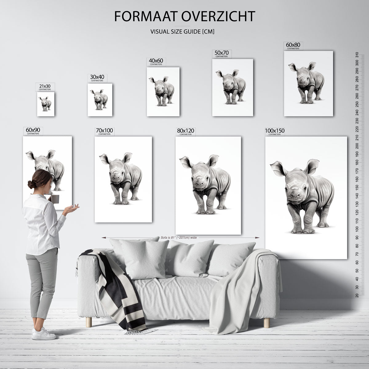 Neushoorn jong – staande muurposter met dierenthema