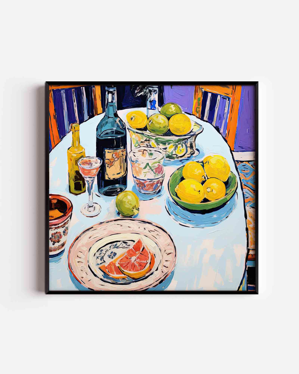 Fruit en flessen op tafel – kleurrijke illustratie poster als wanddecoratie