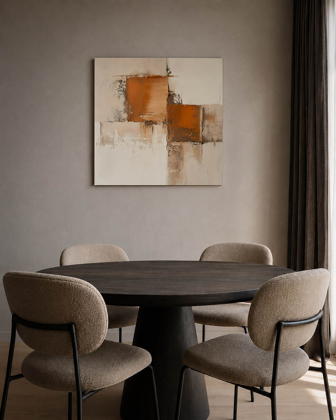 Geometrische vormen kunstwerk – tweede productweergave – dit werk toont een compositie van rechthoeken in aardetinten. De