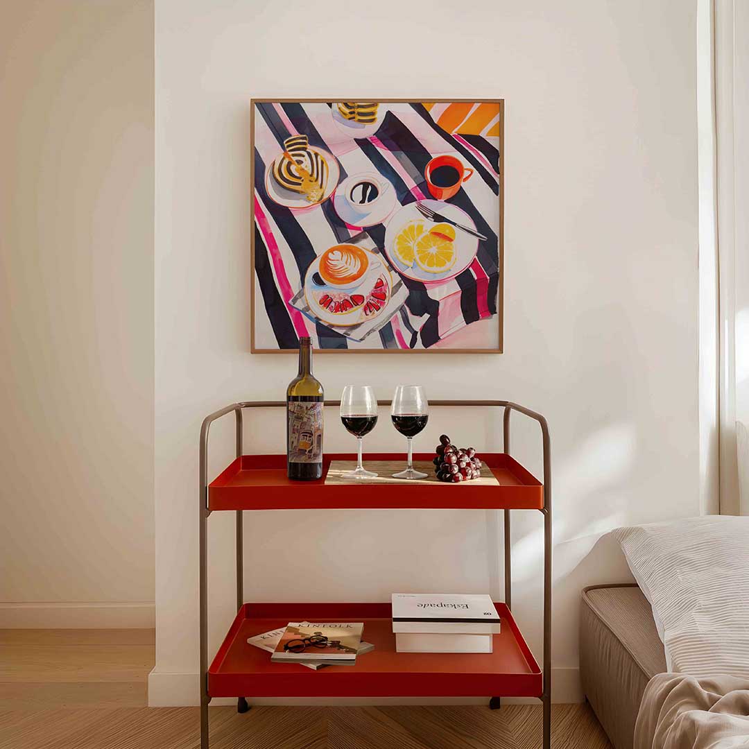 Ontbijt met koffie en fruit – vierkante keuken wanddecoratie van WallArtistic