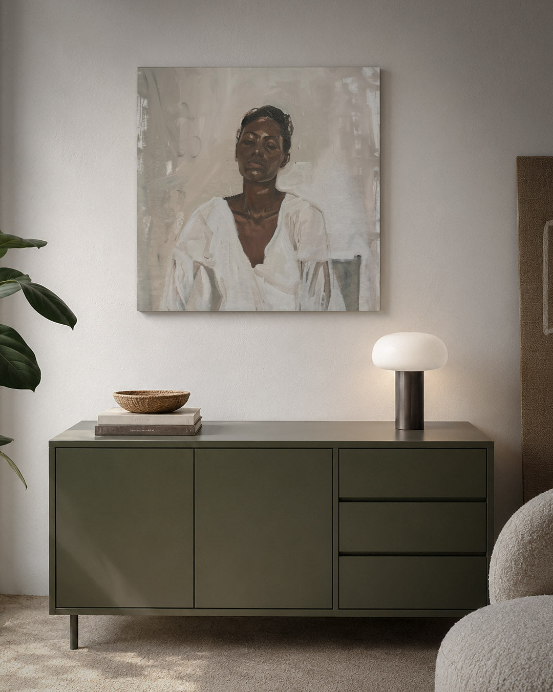 Rustige portretstudie kunstwerk – detailweergave – dit werk toont een serene figuur met gesloten ogen, omgeven door zachte