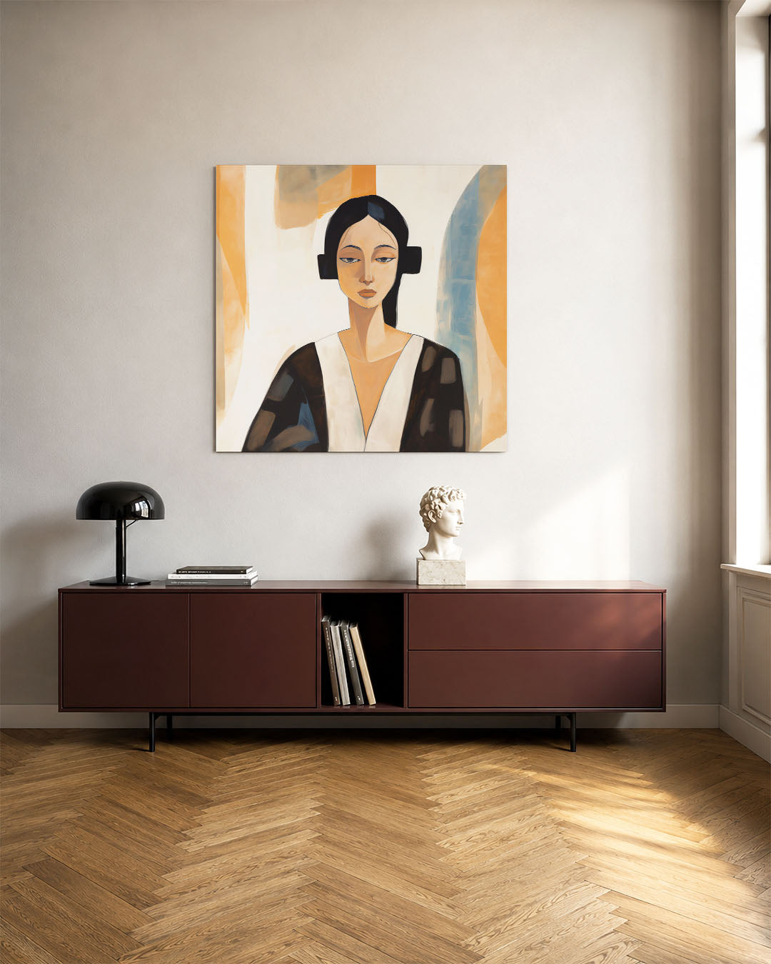 Vrouwelijk portret kunstwerk – tweede productweergave – een vrouwelijk figuur met een serene uitdrukking, omgeven door