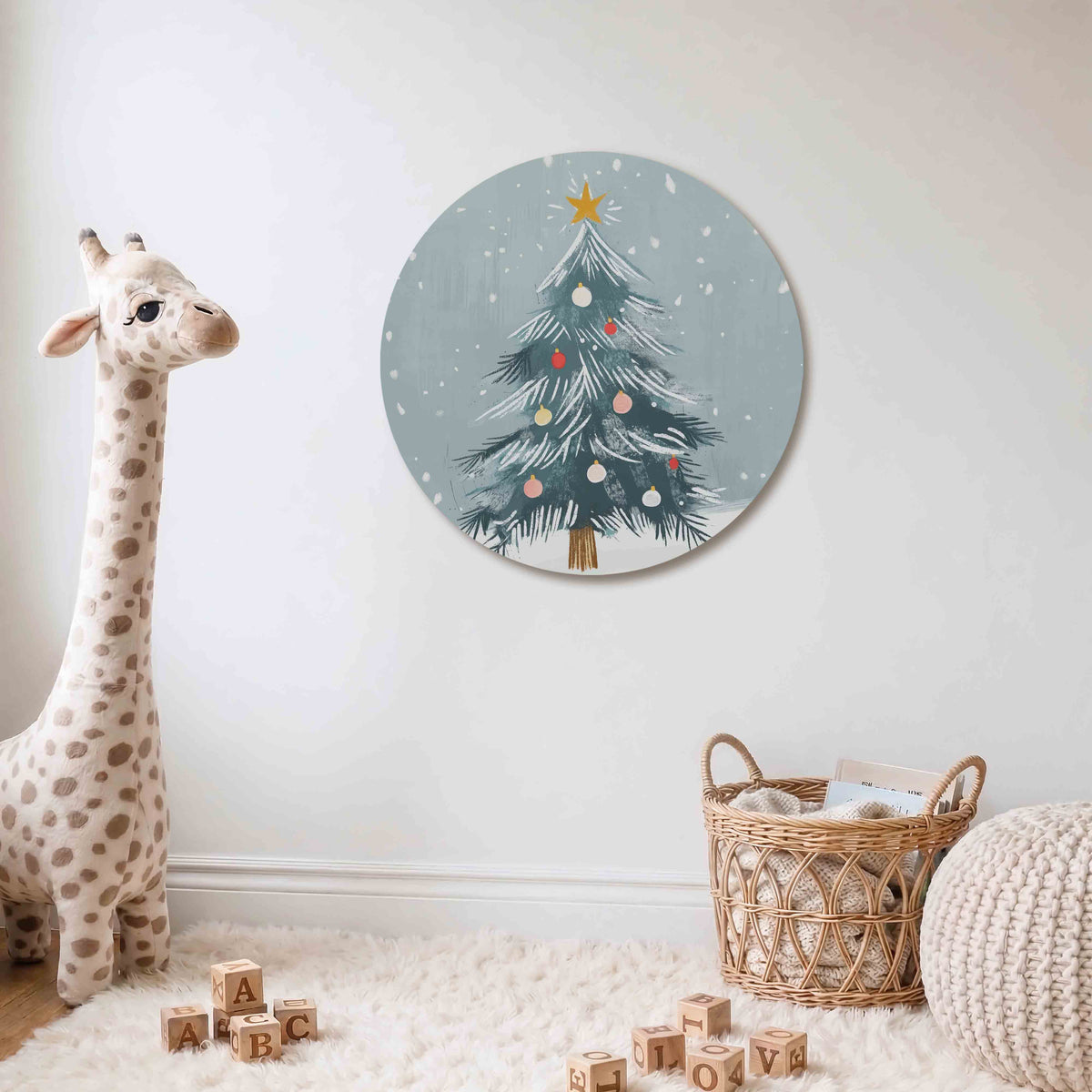 Kerstboom met sneeuw Muurcirkel – Een groene kerstboom met rode, witte en gele ballen tegen een lichtblauwe achtergrond.