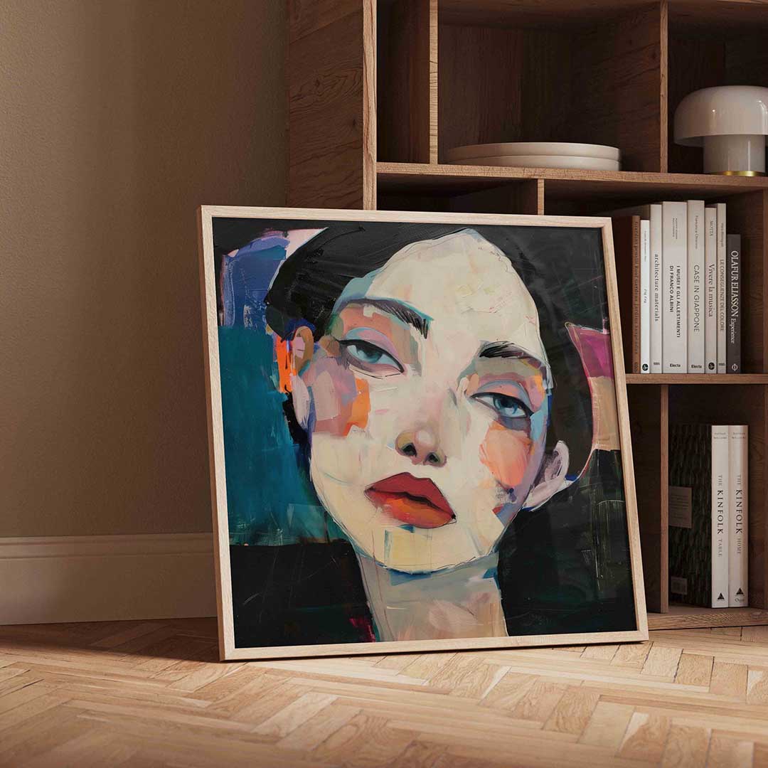 Portret met kleurrijke accenten – moderne wandkunst als vierkante poster