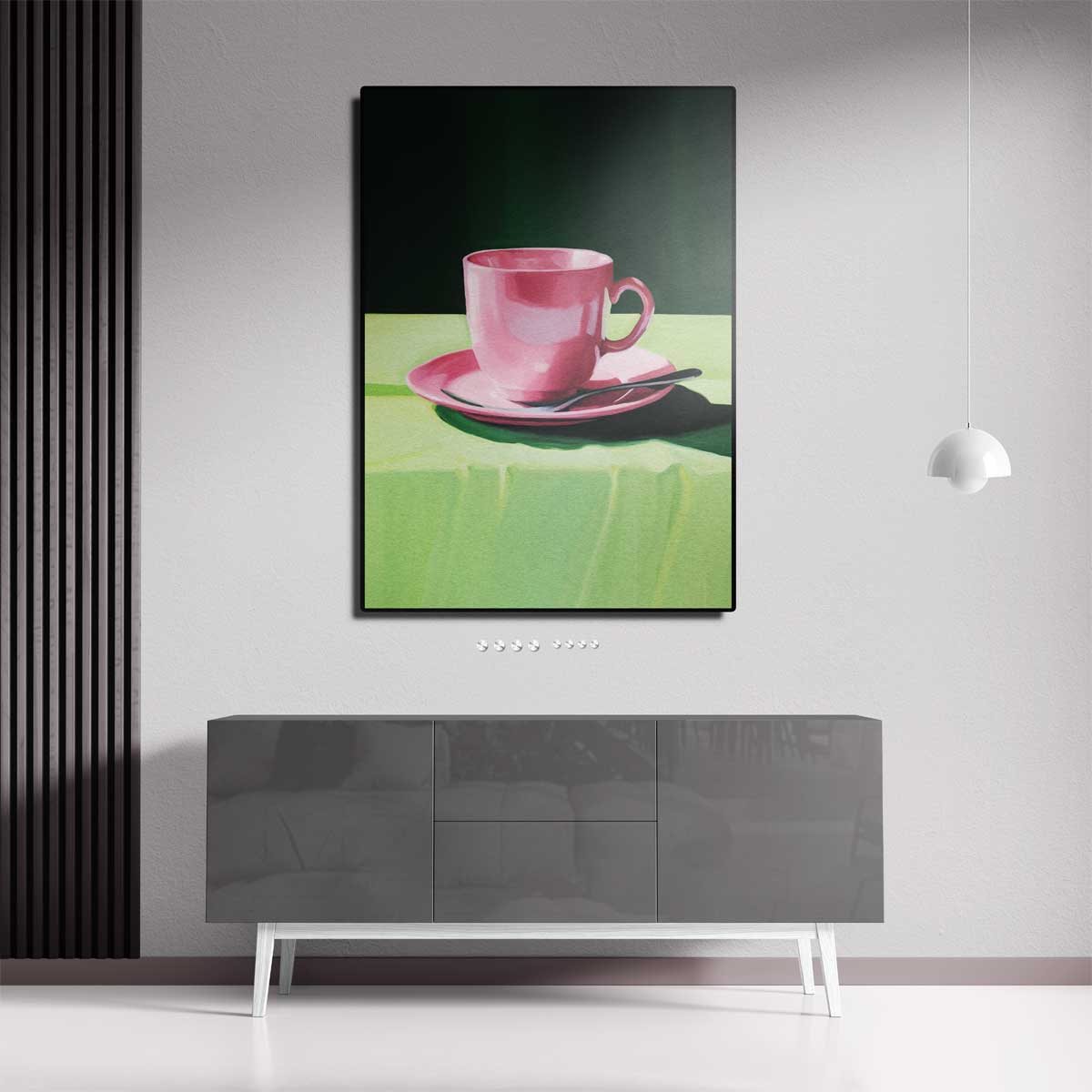 Roze Kopje op Groen Tafellaken – canvas kunstwerk als wanddecoratie