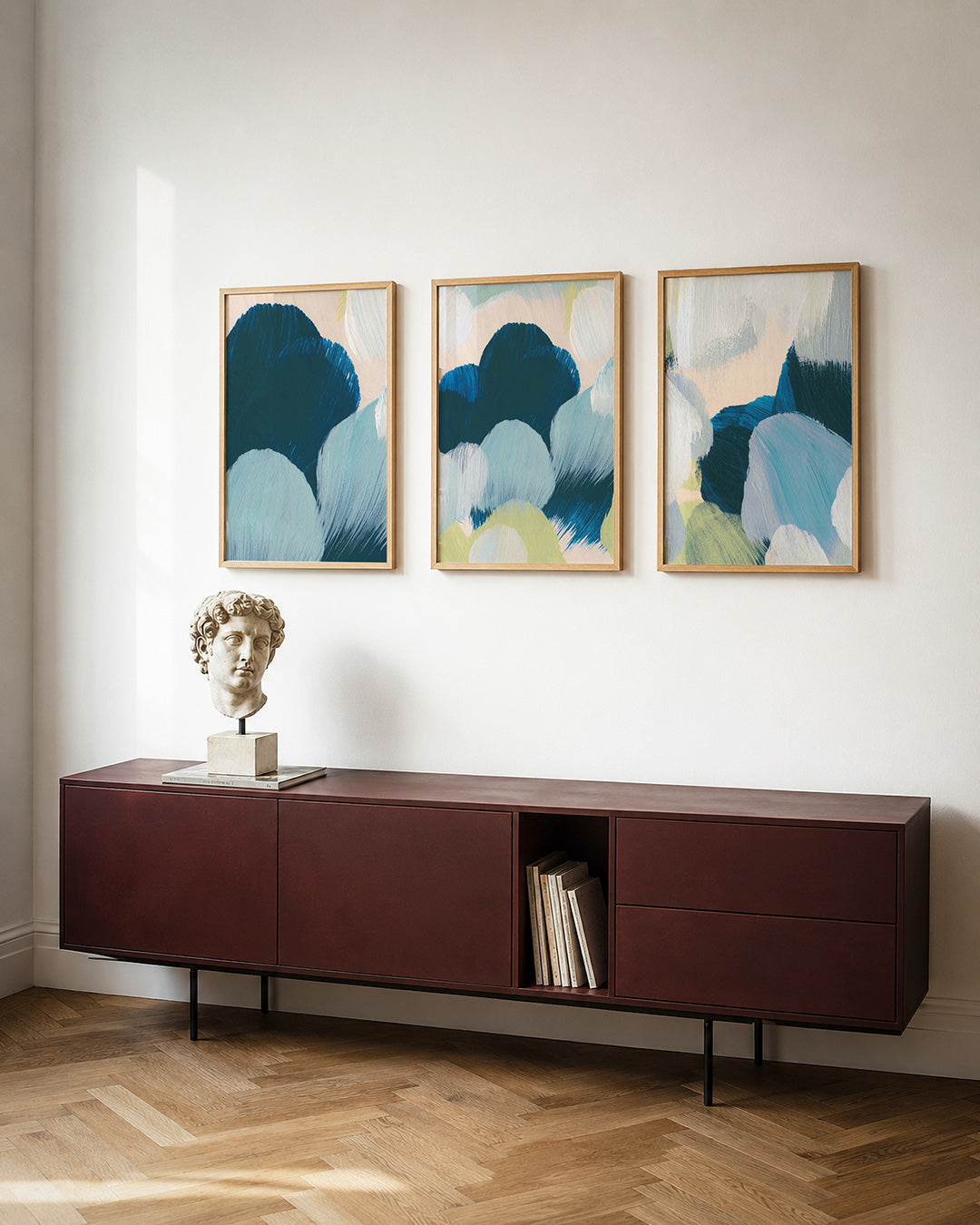 Kleurvlakken harmonie posterset – tweede productweergave – deze posterset in drie delen toont vloeiende penseelstreken