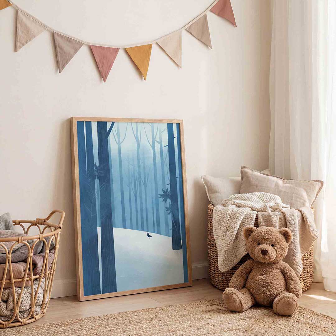 Winterbos met vogel – speelse wandkunst als portret kinderposter