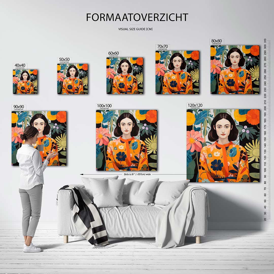 Vrouw met bloemen kunstwerk – materiaalweergave – dit werk toont een vrouw omringd door kleurrijke bloemen. De levendige