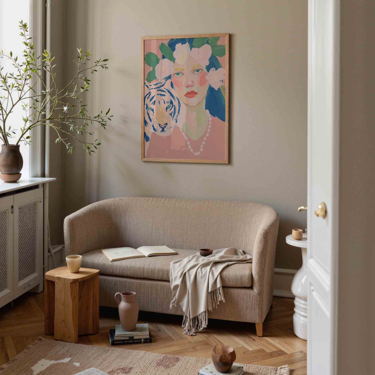 Vrouw met tijger – pastel poster in staand formaat