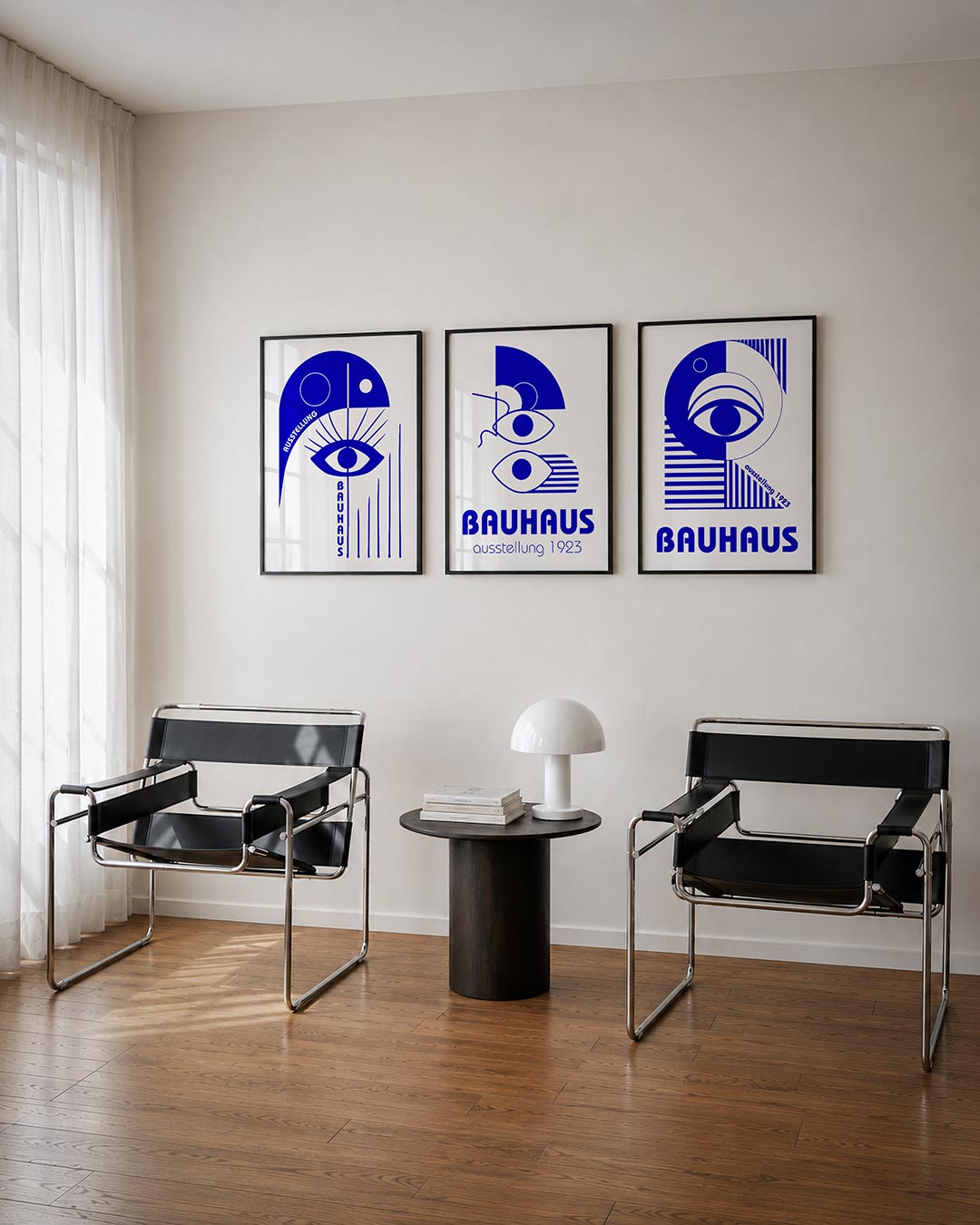 Oog en lijnen driedelige posterset – een blauw-witte compositie met een centraal oog, omgeven door strakke lijnen en cirkels.
