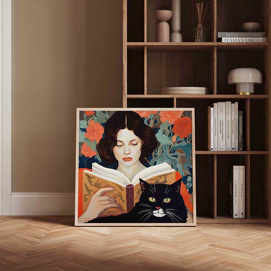 Lezende vrouw en kat – portret poster in vierkant formaat