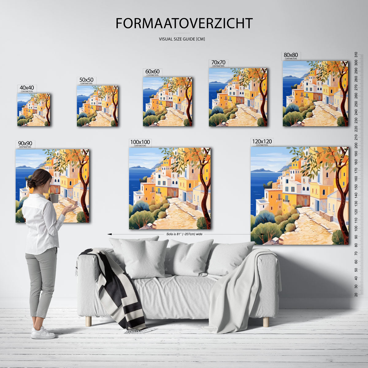 Mediterrane huizen aan zee – vierkante muurposter voor keuken of eethoek