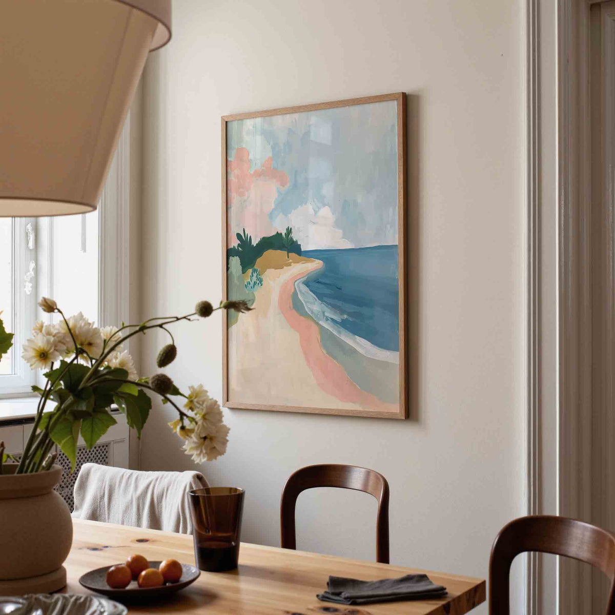 Strand en zee – eigentijdse illustratie poster in staand formaat