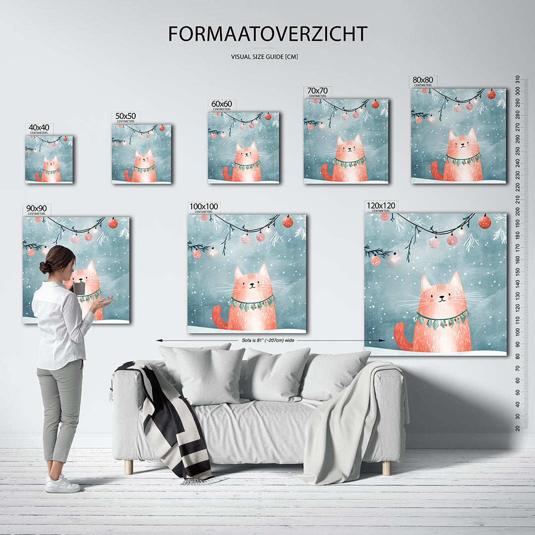 Speelse kat illustratie kunstwerk – sfeerbeeld – een vrolijke kat met een krans om de nek, omringd door sneeuwvlokken en