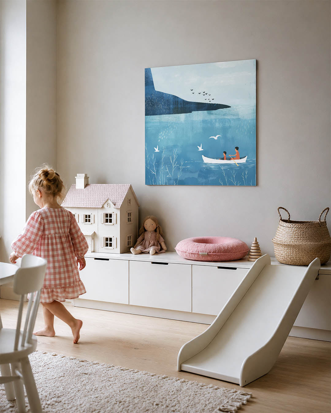 Rustige kano vaart kunstwerk – tweede productweergave – dit kunstwerk toont een serene scène van een kano op kalm water