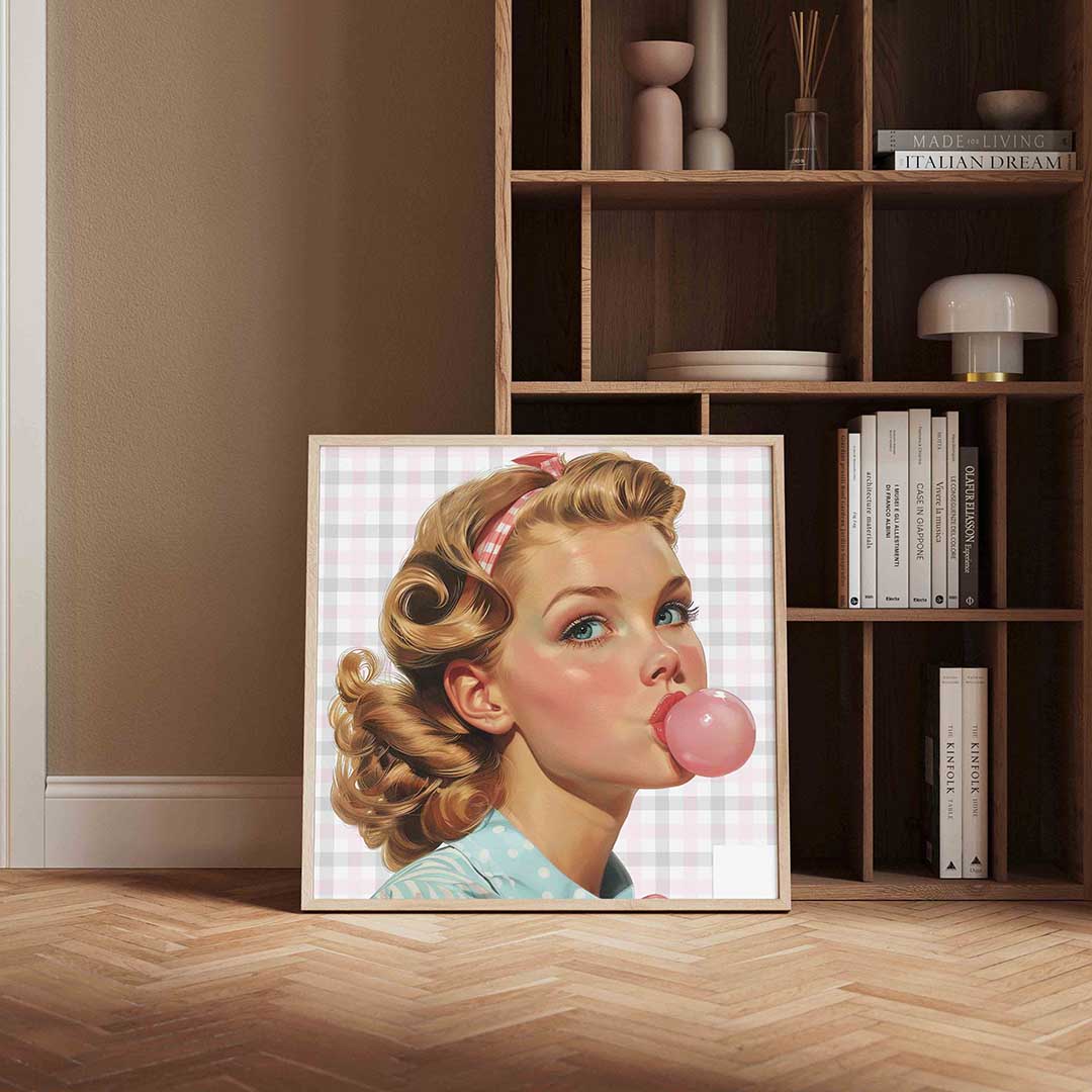 Meisje met kauwgom – kleurrijke Pop Art poster in vierkant formaat