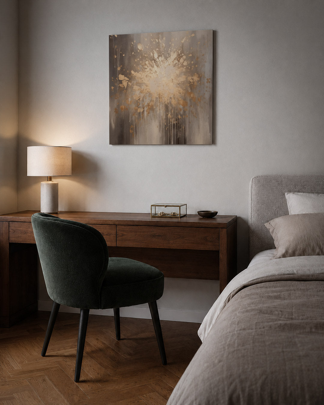Explosieve kleurenpracht kunstwerk – sfeerbeeld – dit kunstwerk toont een dynamische explosie van beige en brons tinten, met