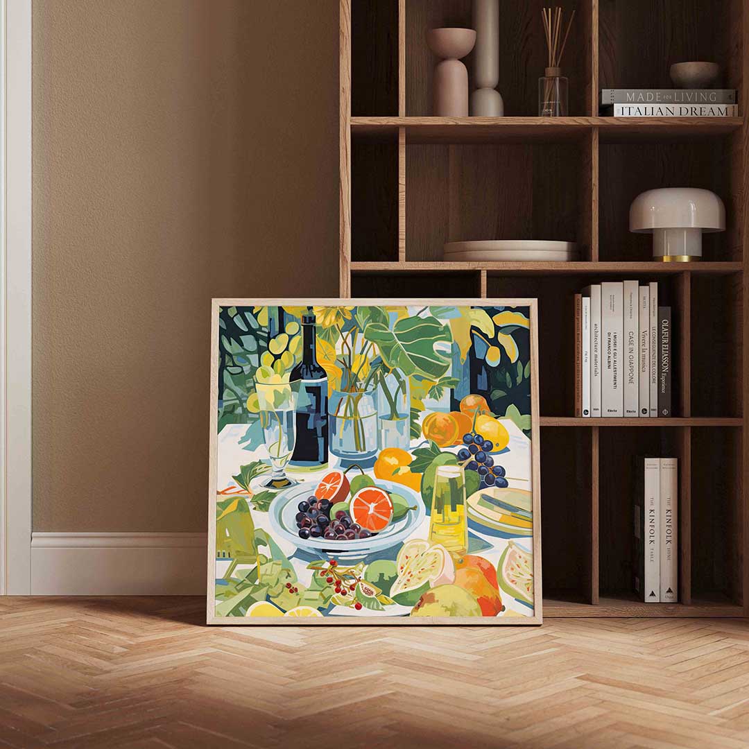 Fruit en flessen – kleurrijke vierkante wanddecoratie van WallArtistic