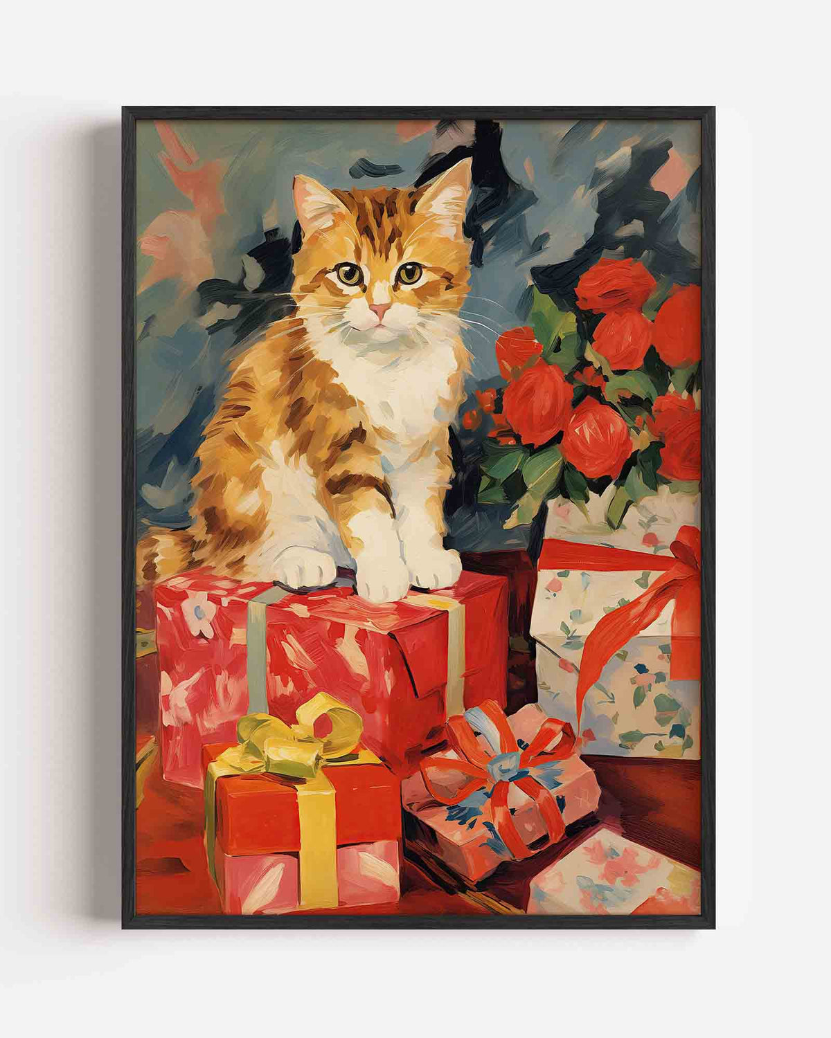 Kat met cadeaus – kerst portret poster als wanddecoratie