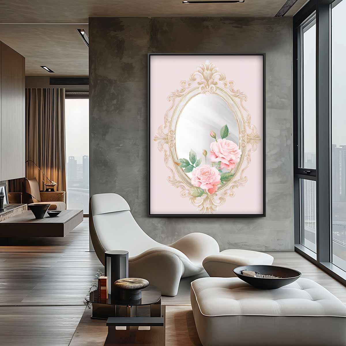 Vintage Spiegel met Rozen – staand kunstwerk voor modern interieur