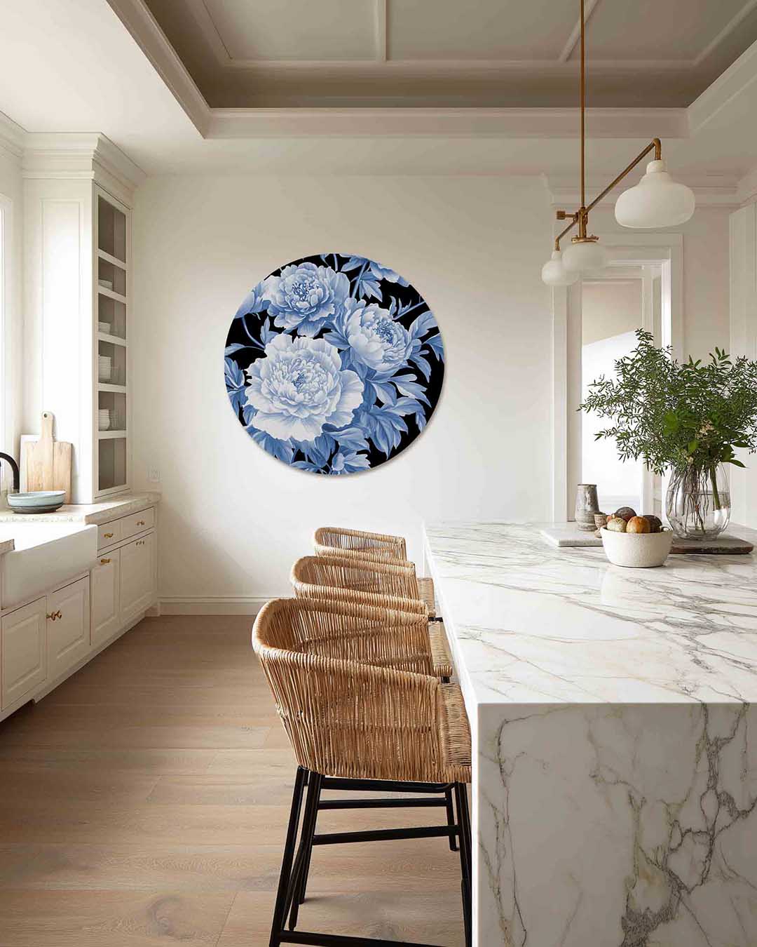 Blauwe bloemen – Pop Art muurcirkel als ronde wanddecoratie