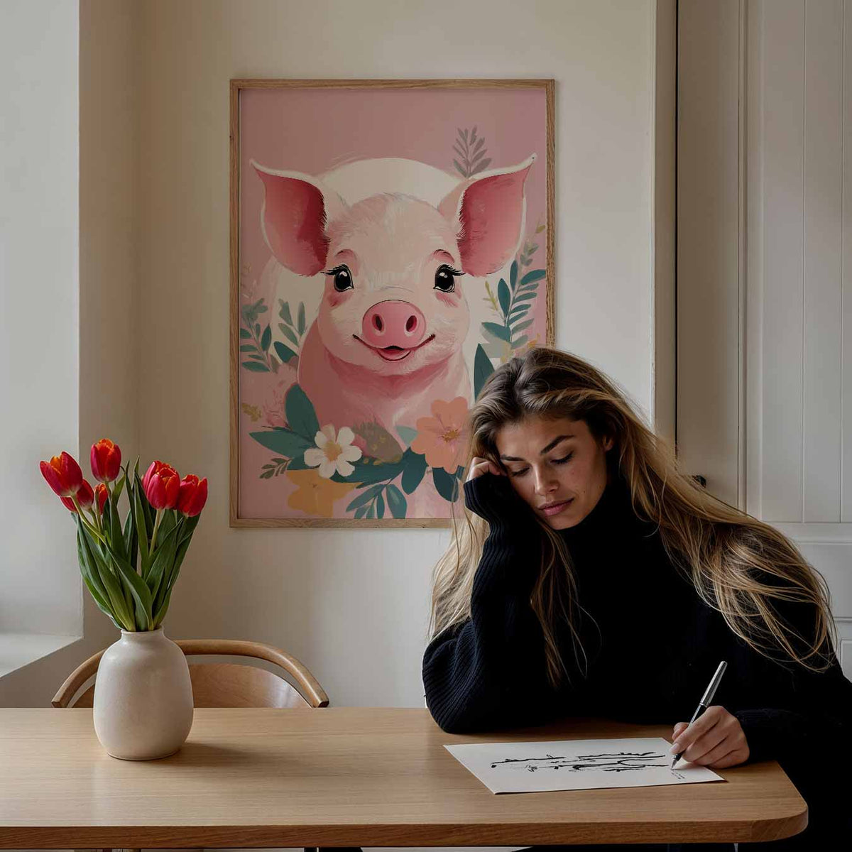 Schattige Varkensposter met Bloemen – staande muurposter voor de kinderkamer