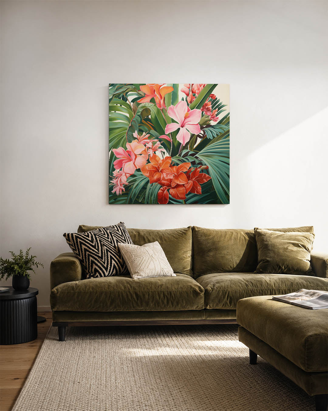 Bloemrijke jungle kunstwerk – sfeerbeeld – dit kunstwerk toont een weelderige verzameling van kleurrijke bloemen en bladeren