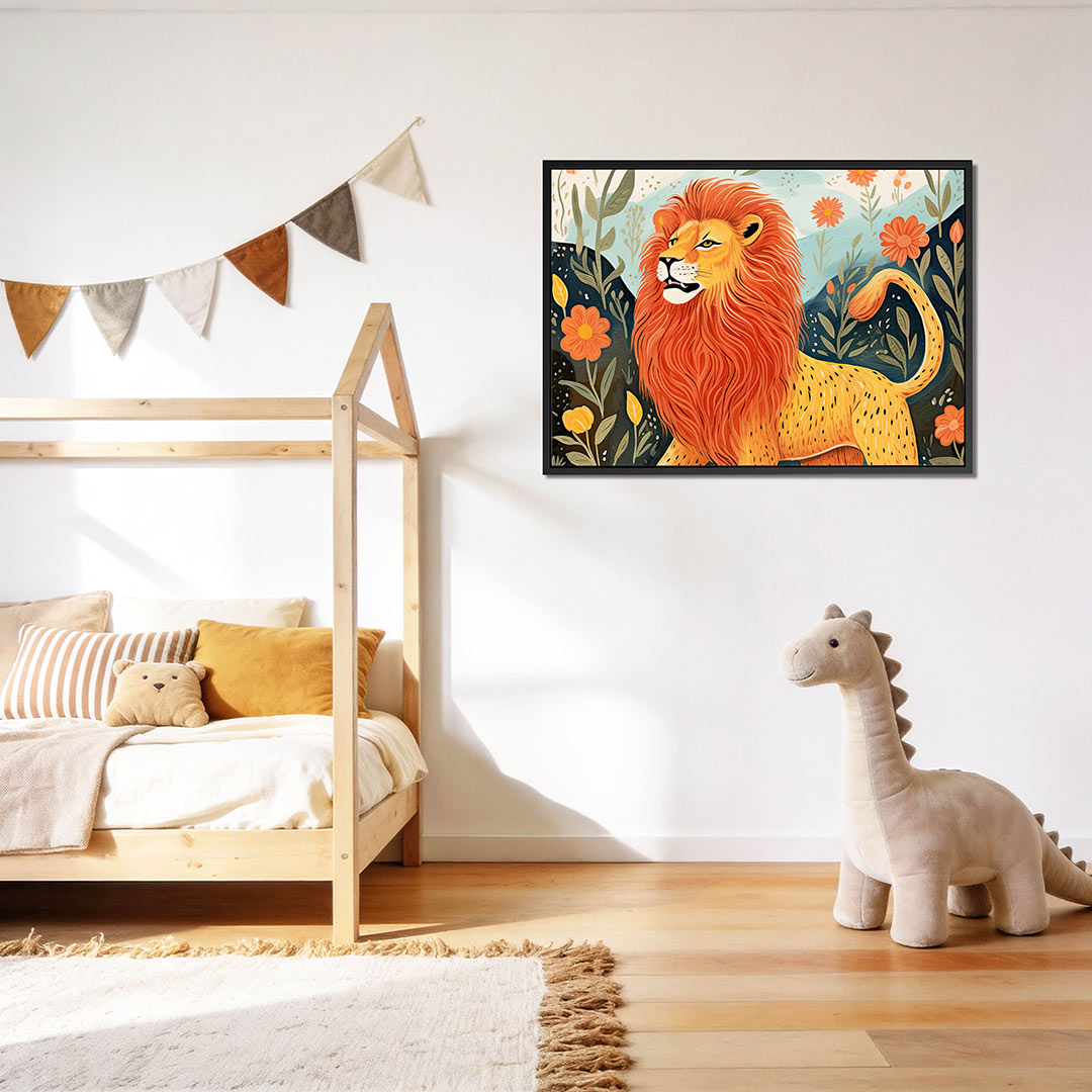 Leeuw in bloemenveld – op canvas, dibond of plexiglas