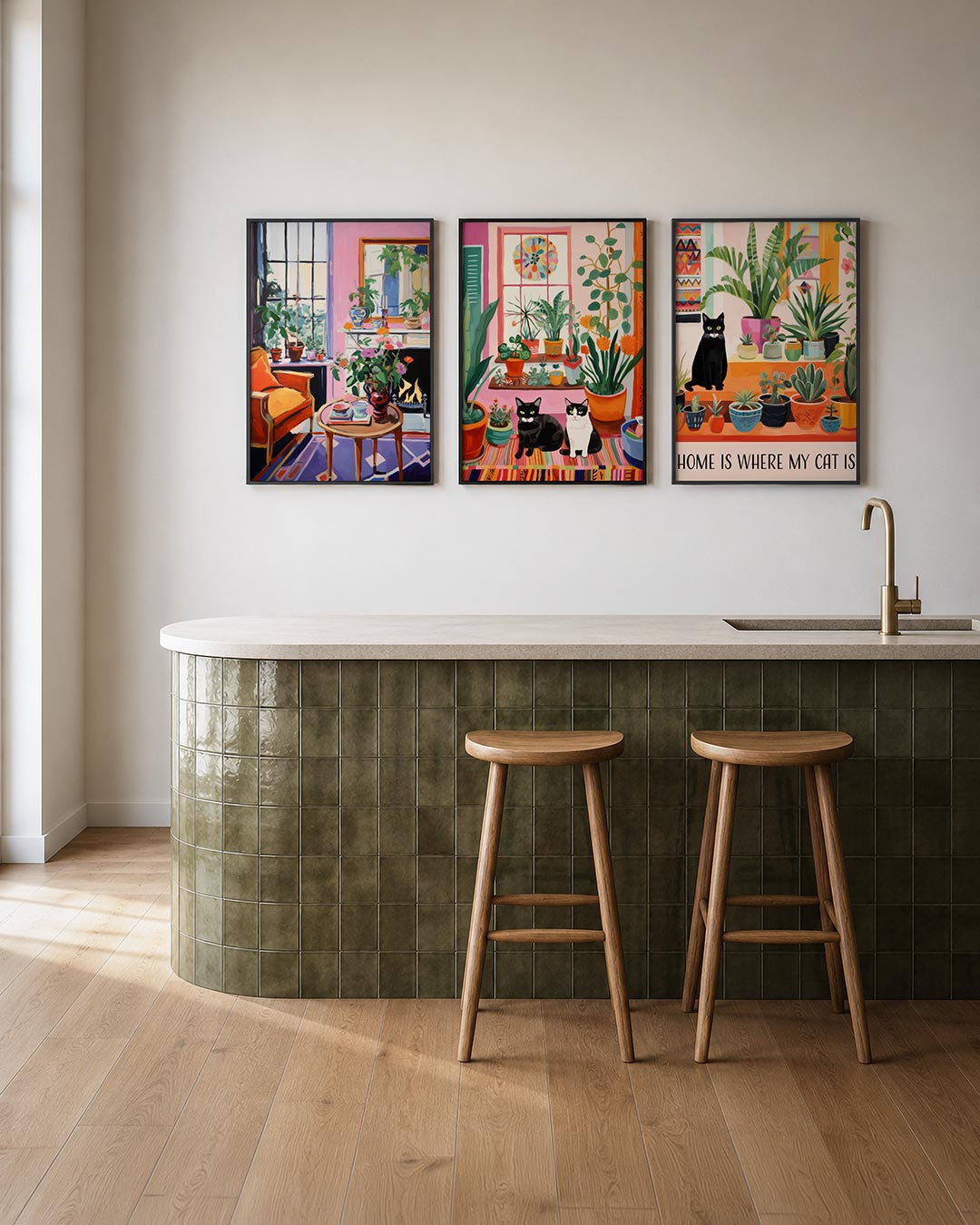 Kleurrijke interieurhoek posterset – tweede productweergave – een levendige kamer met een oranje stoel, roze muren en een