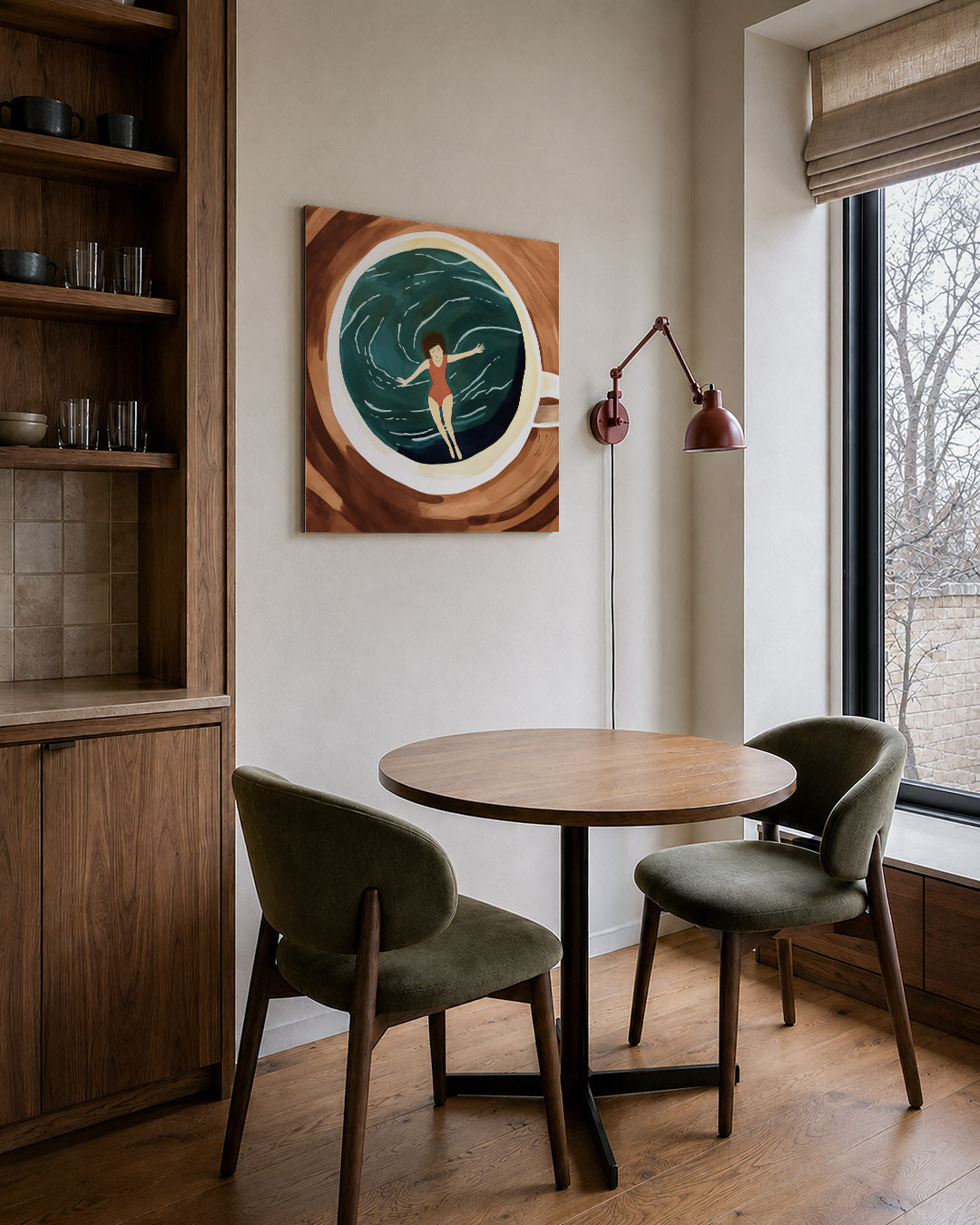 Dromerige zwemmer kunstwerk – derde productweergave – een vrouw in een rood badpak drijft in een kop koffie, omringd door
