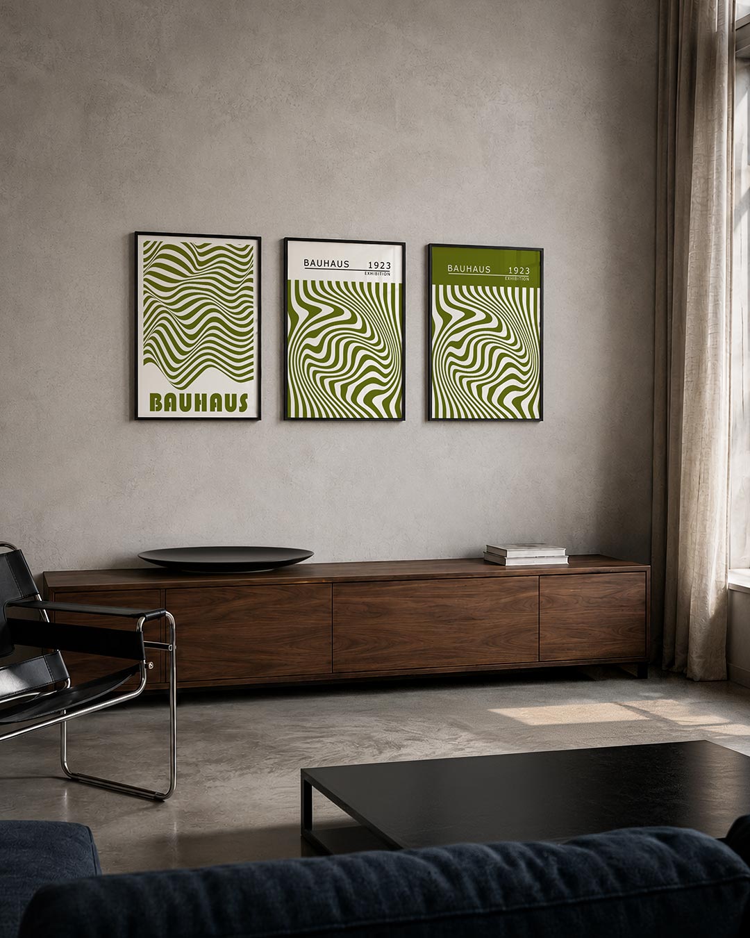 Golvend lijnenspel posterset – tweede productweergave – deze posterset in drie delen toont vloeiende, golvende lijnen in