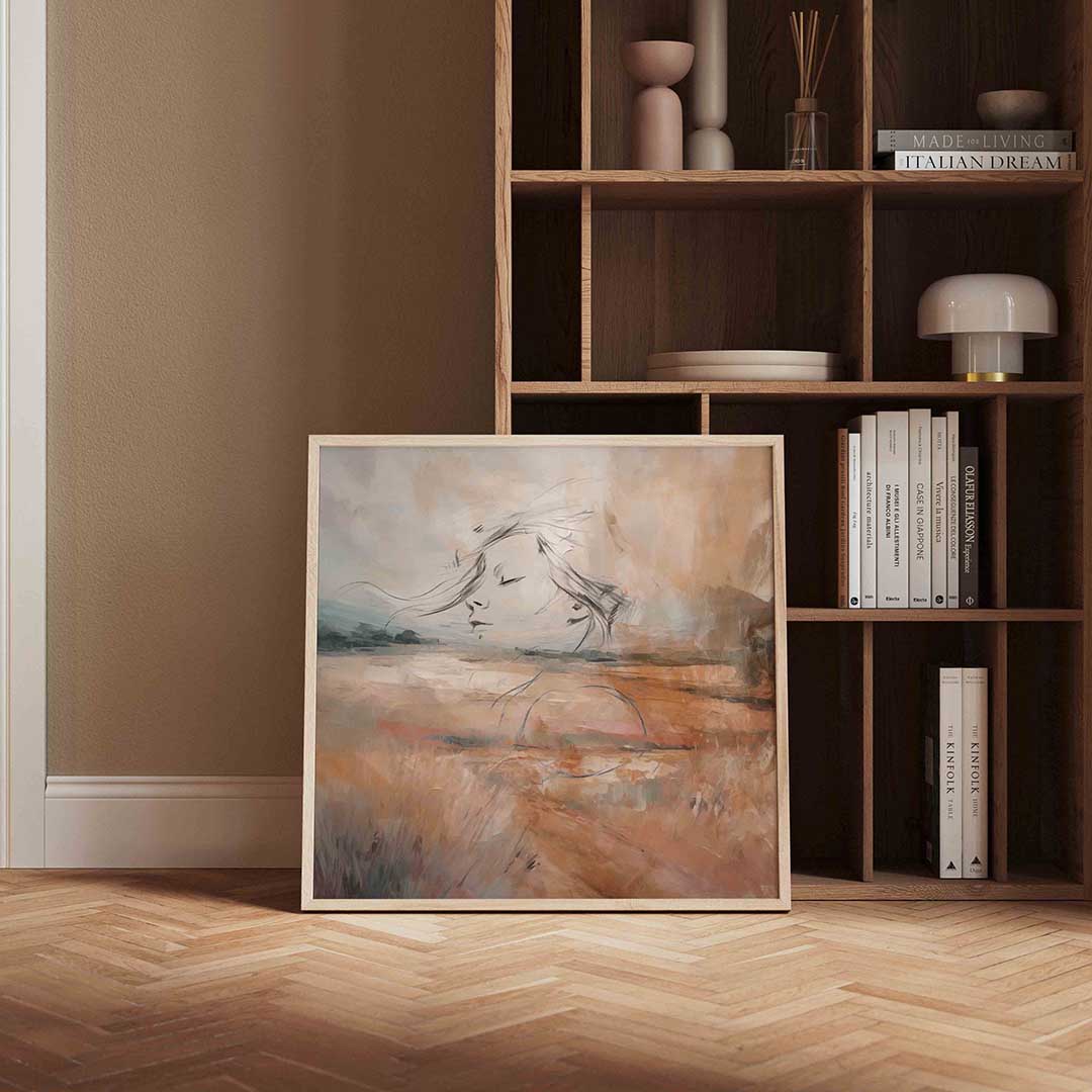 Dromerig landschap met gezicht – vierkante wanddecoratie met kleur en vorm van WallArtistic
