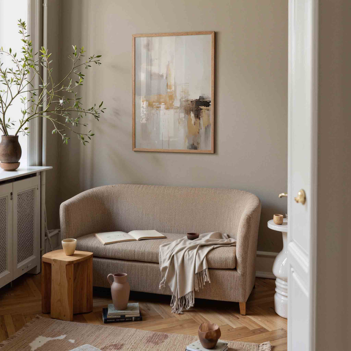 Abstracte beige en grijze – botanische poster in staand formaat