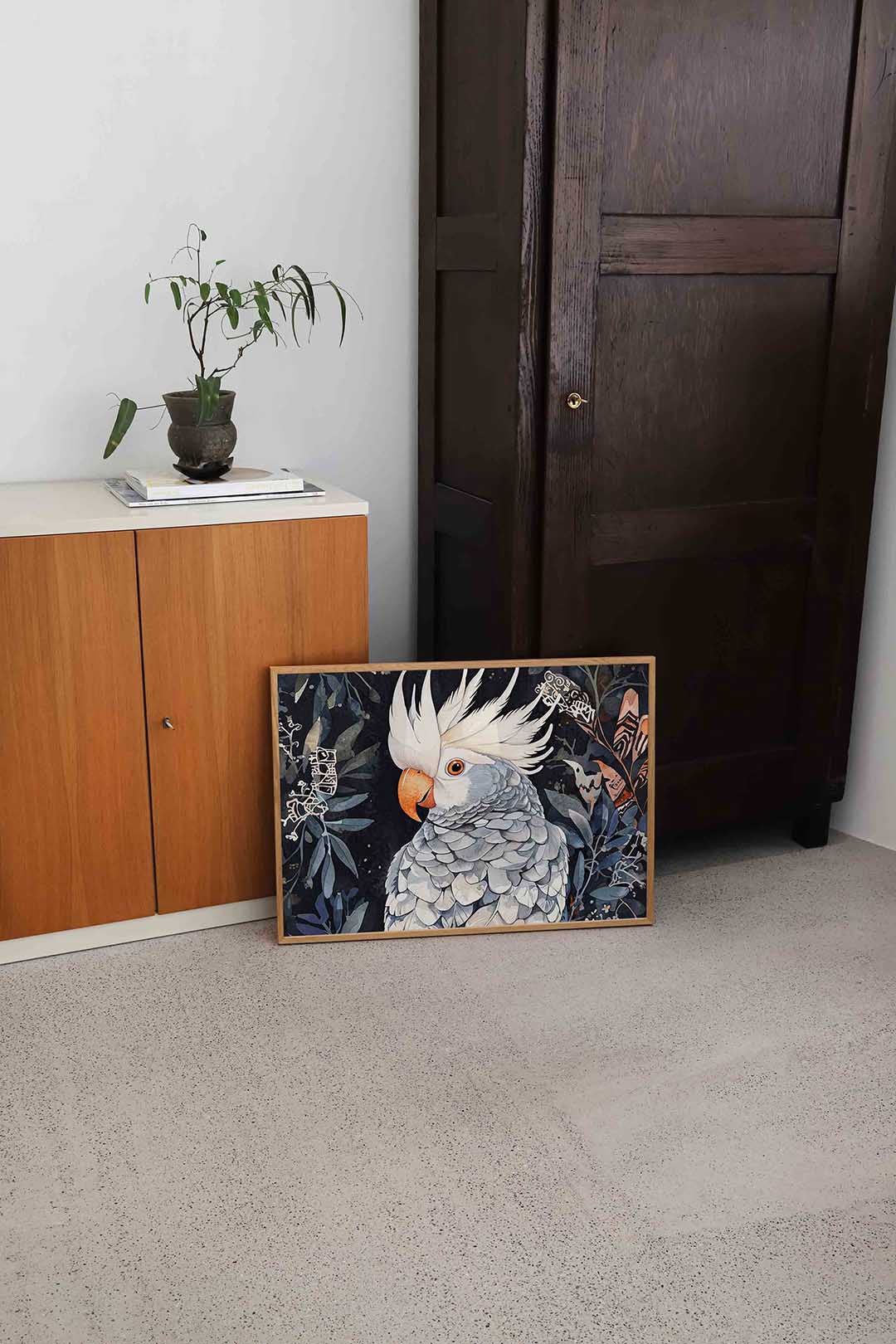 Papegaai met bladeren – dierenillustratie als landscape poster