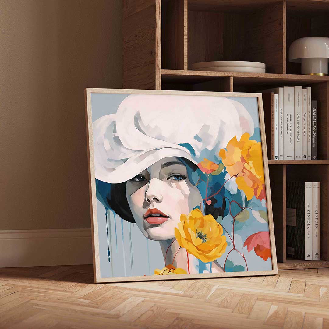 Vrouw met hoed en bloemen – vierkante portret wanddecoratie van WallArtistic
