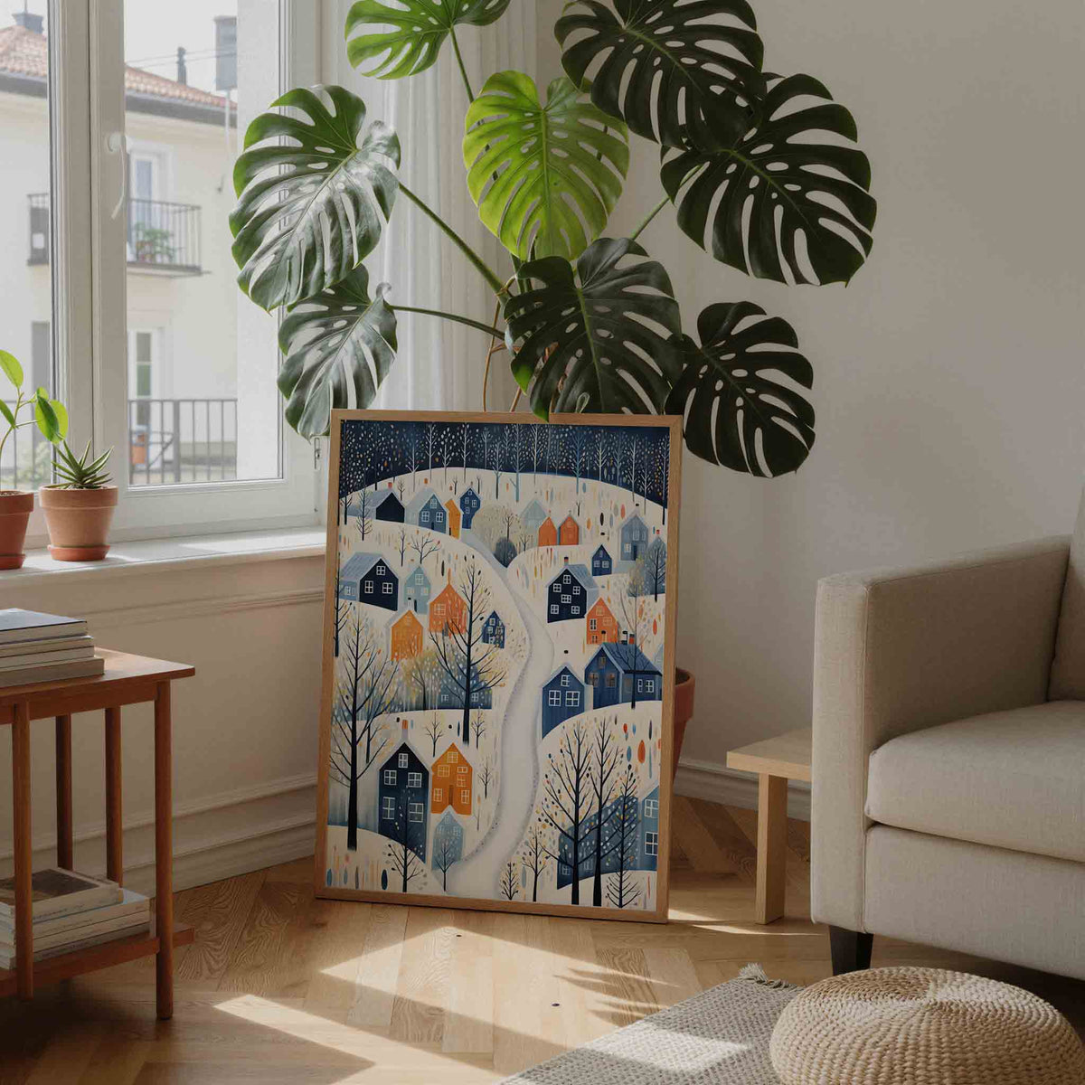 Winterdorp met kleurrijke huizen – feestelijke wandkunst als portret poster
