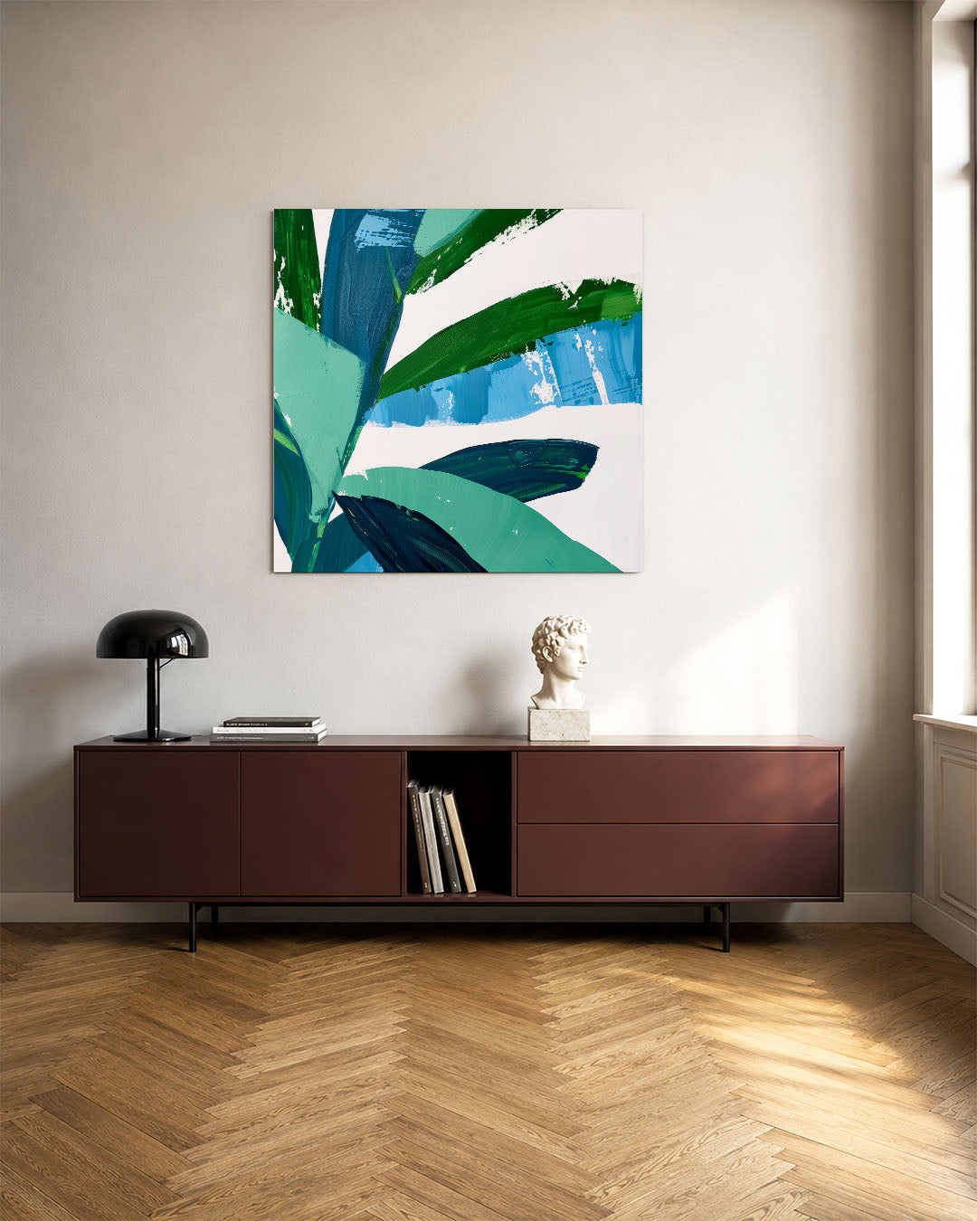 Dynamische kleurencompositie kunstwerk – tweede productweergave – dit kunstwerk toont een levendige mix van groene en blauwe