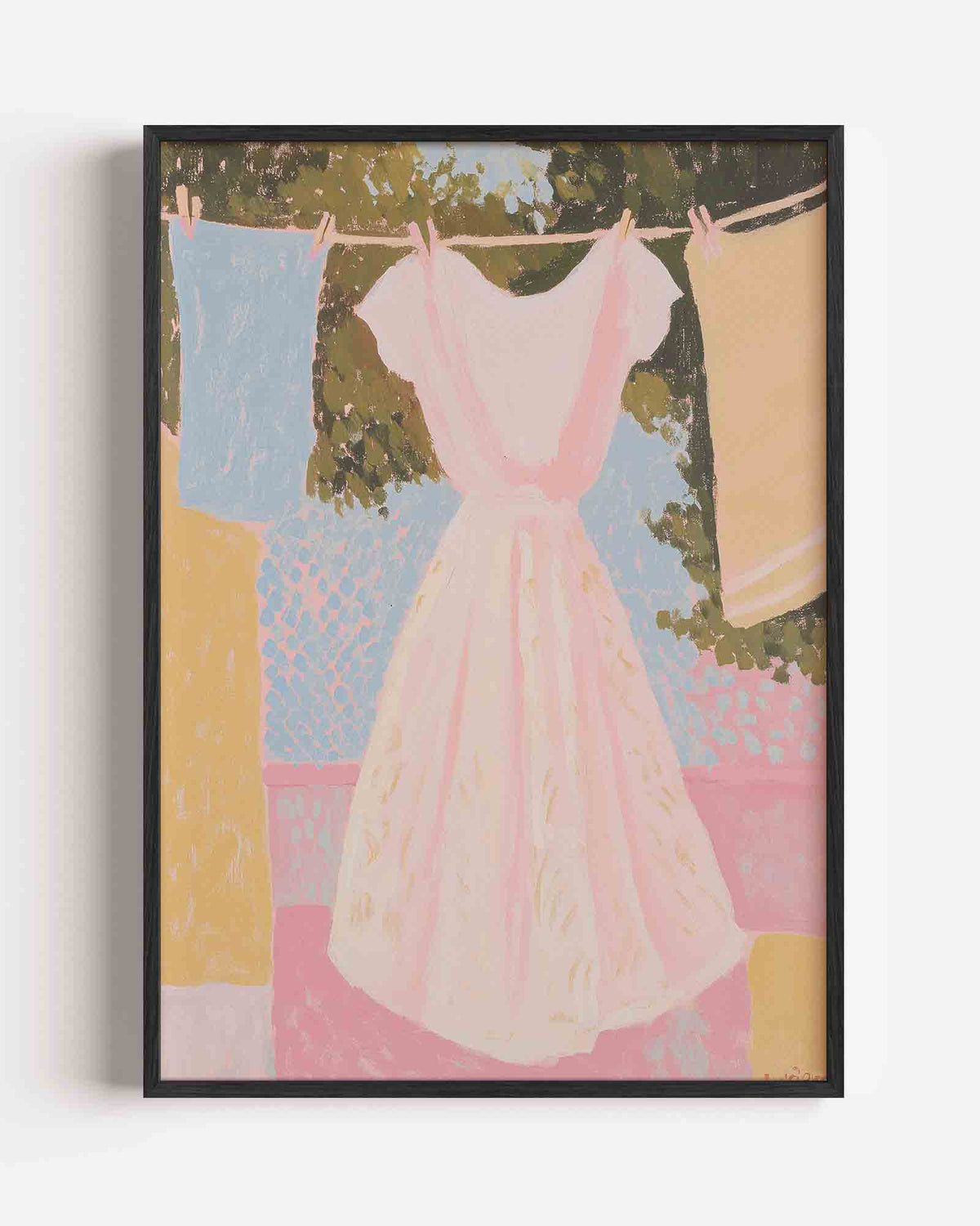 Witte jurk aan waslijn – pastel portret poster als wanddecoratie