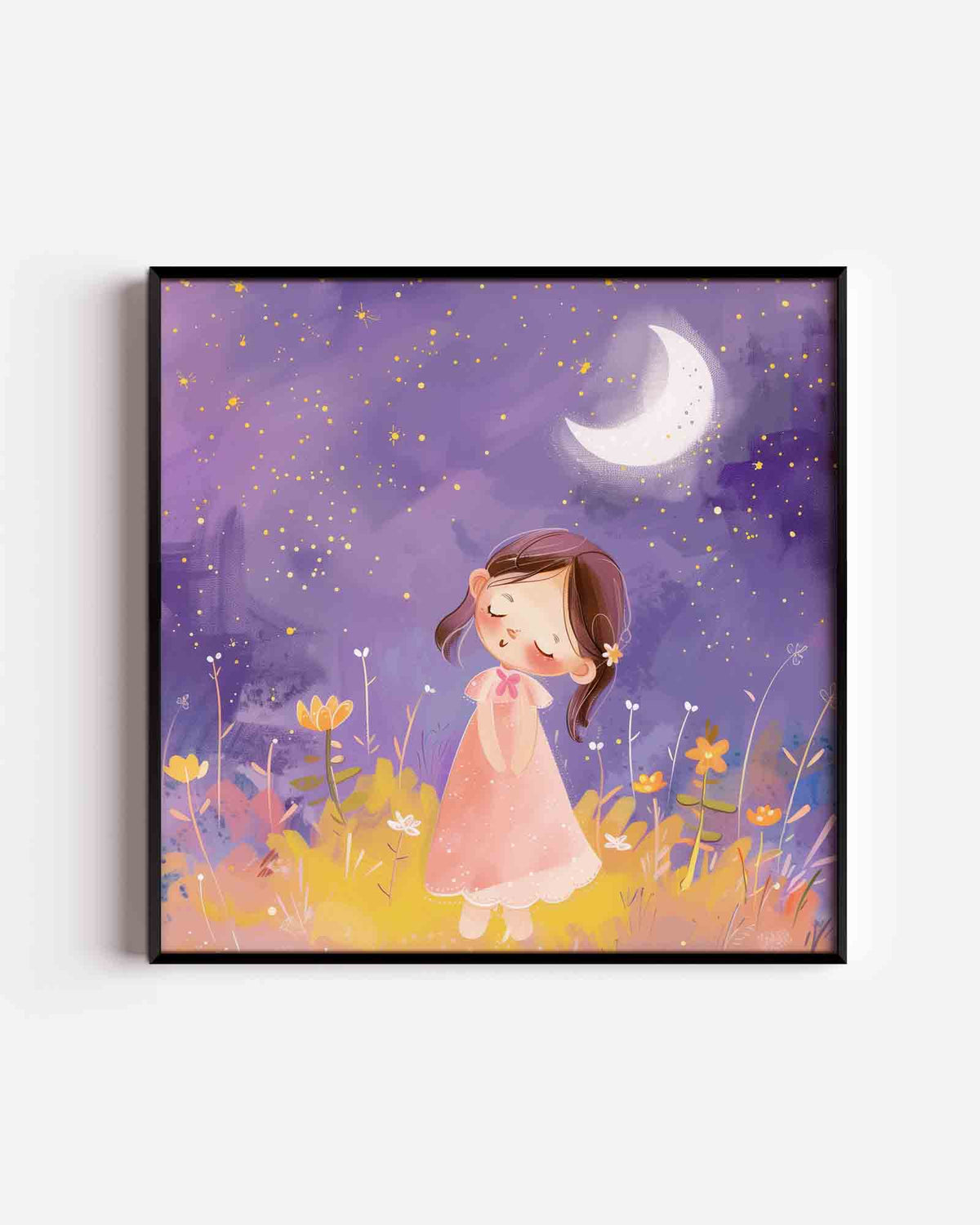 Meisje onder maan – vierkante kinderposter als wanddecoratie