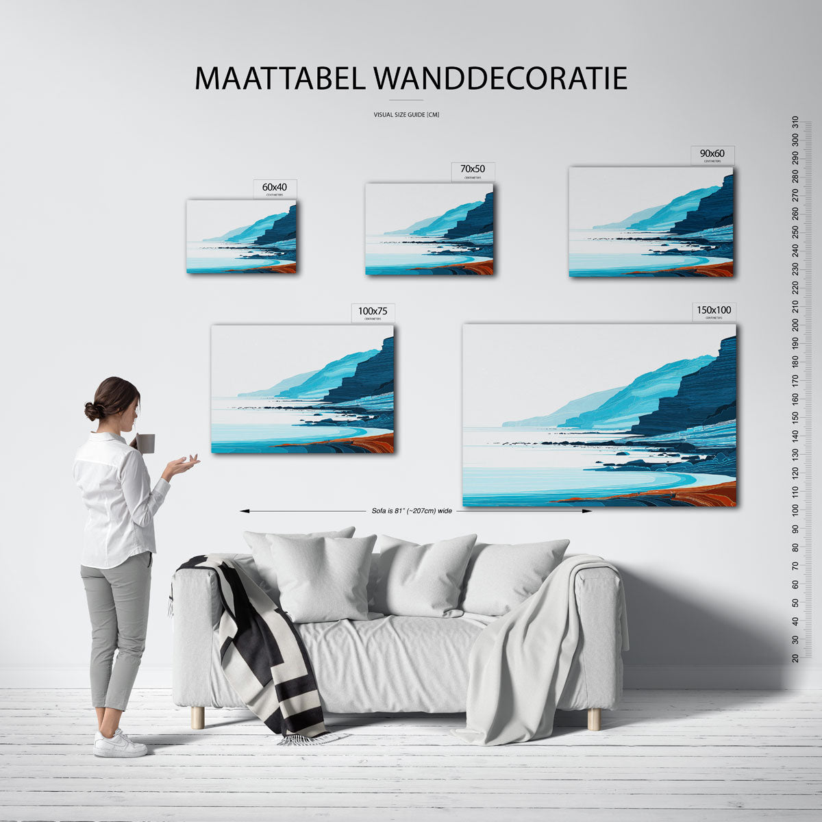 Kustlijn in blauwtinten – moderne liggende wandkunst