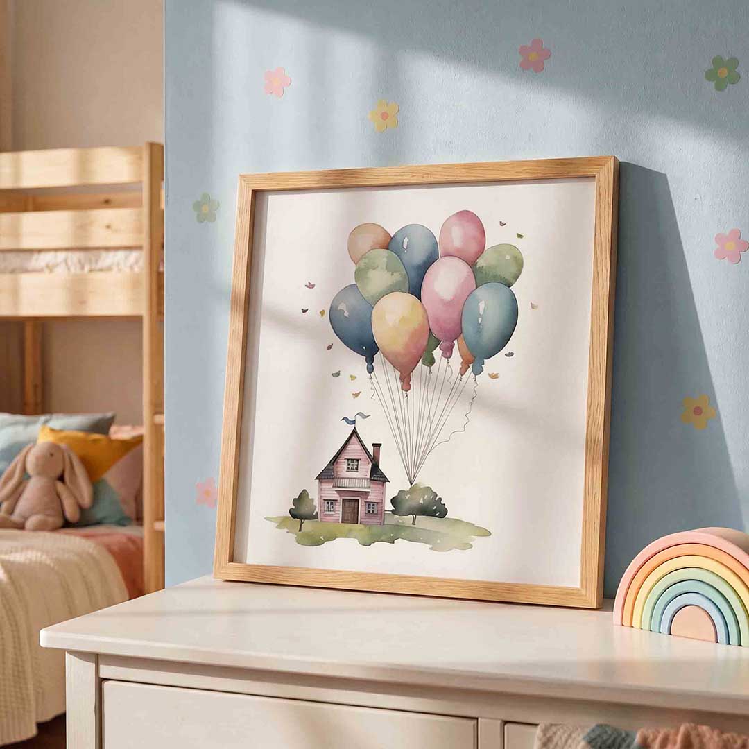 Huis met ballonnen – speelse wandkunst als vierkante kinderposter